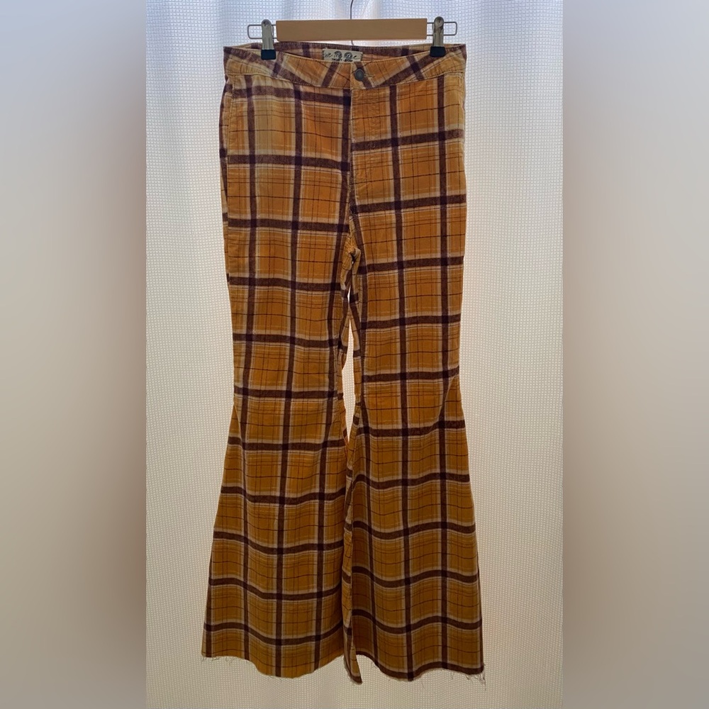 We The Free People Float On Mustard Corduroy Plaid Flare Pants Mustard Plaid 28